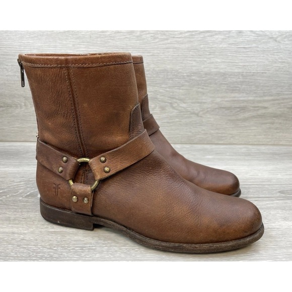 Frye Women's Veronica Harness Boots 9.5 Brown Leather Zip Ankle Moto Biker Shoes